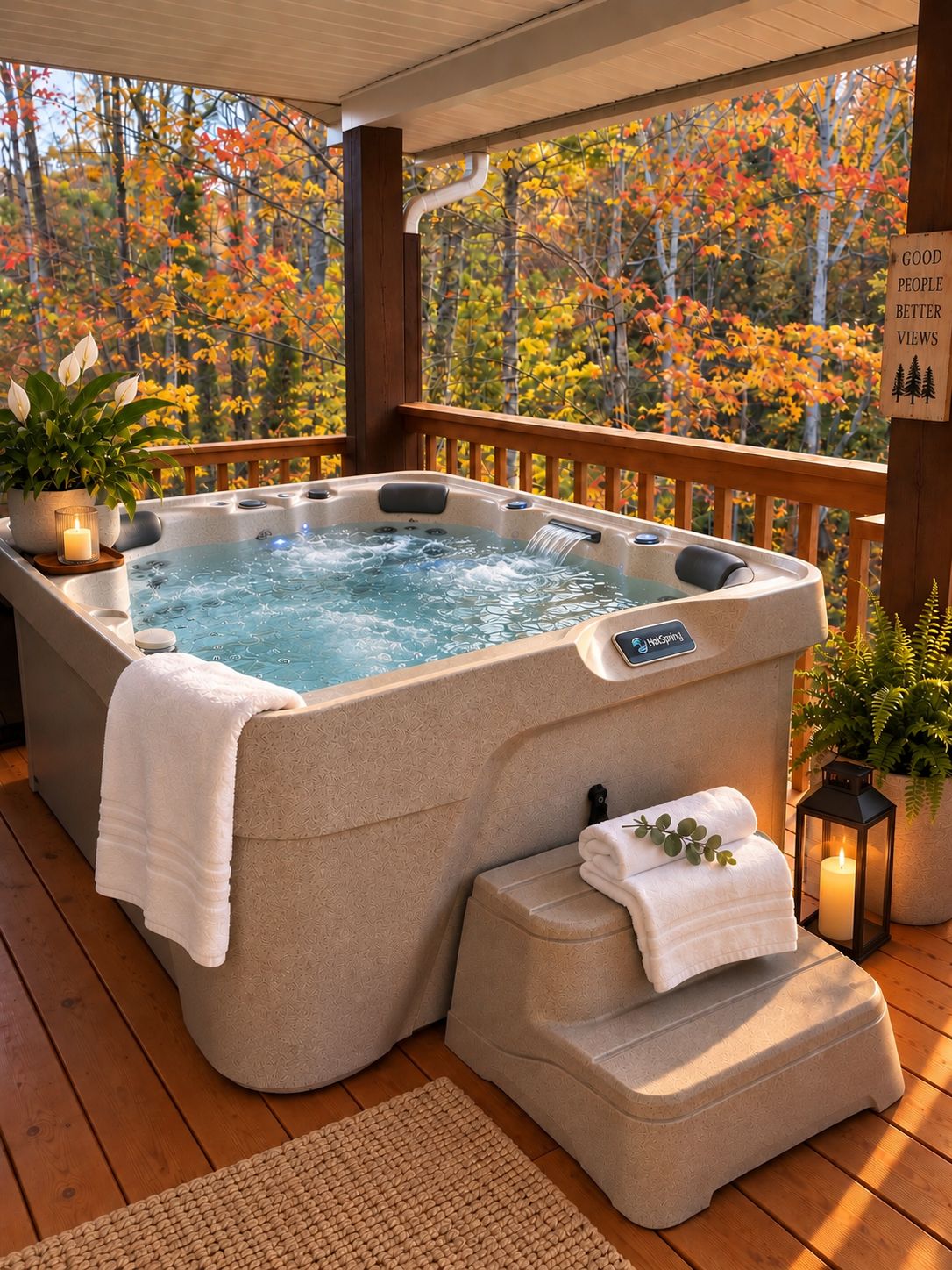 Un bain à remous sur une terrasse en bois, avec vue sur les arbres aux couleurs automnales.