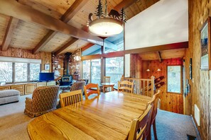 TV, fireplace, books