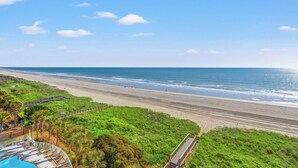 A beach view with a wooden walkway, a pool, and lush greenery.