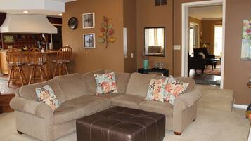 Télévision, cheminée, lecteur de DVD, livres