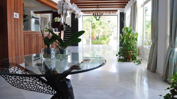Un vestíbulo amplio con una mesa de vidrio, plantas en macetas y vistas al exterior.