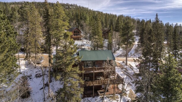 A cabin surrounded by a forest with a snowy ground, a green roof, and a wooden deck.