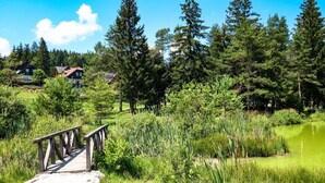 A wooden bridge leading to a pond surrounded by dense trees and a few houses in the background.