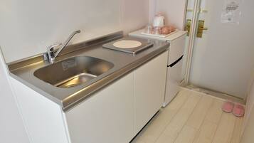 A compact kitchen with a double sink, a small countertop, and a refrigerator.