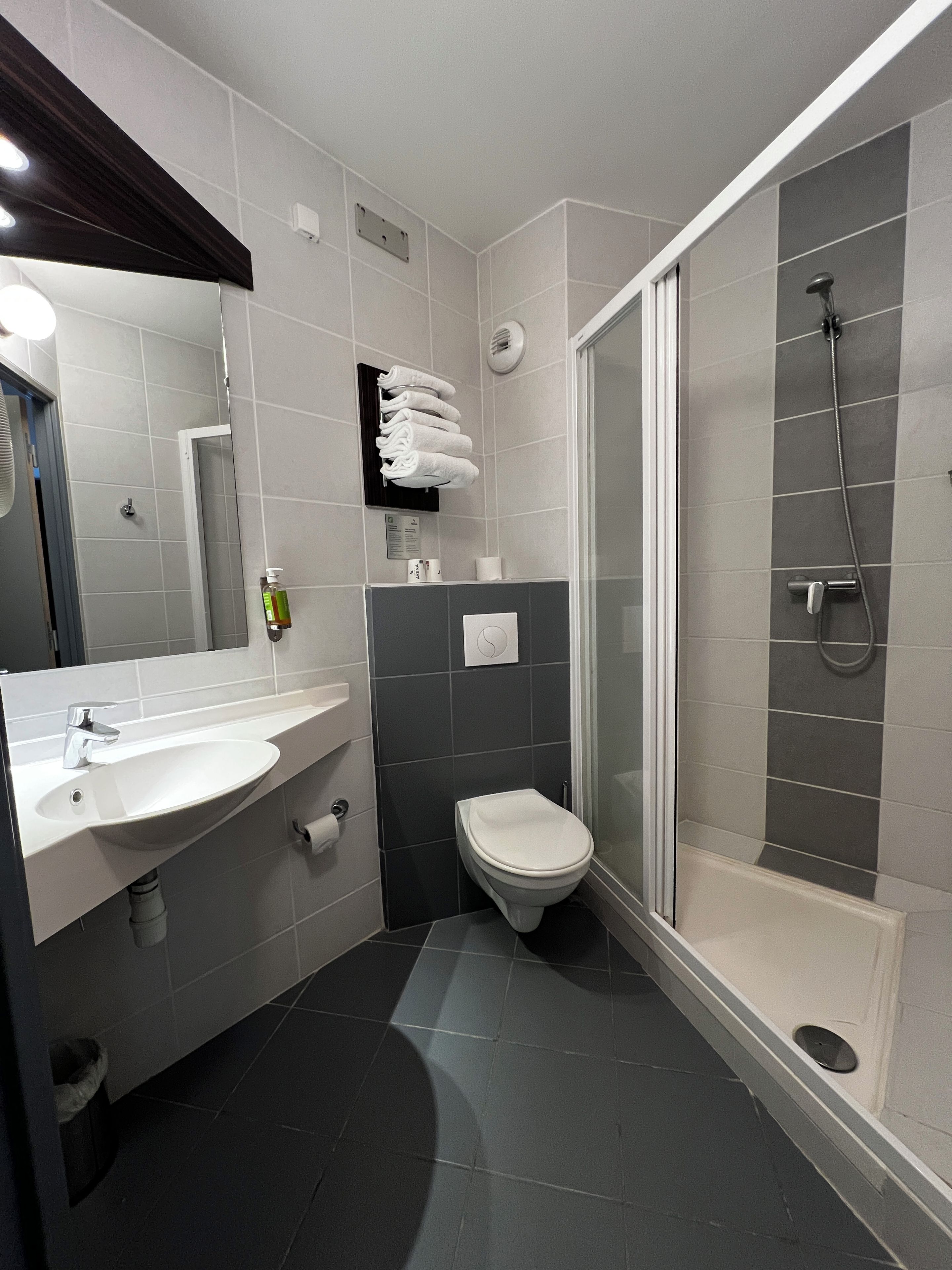 Un baño moderno con lavamanos, inodoro y ducha.