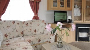 A living room with a floral sofa, a television, wooden cabinets, and a fireplace. - Mobile Home in Kolczewo near Baltic Beaches (Kolczewo)