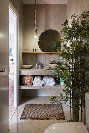Une salle de bain moderne avec un mur en béton, une étagère en bois où sont posés des articles de toilette, un luminaire suspendu et une plante en bambou.