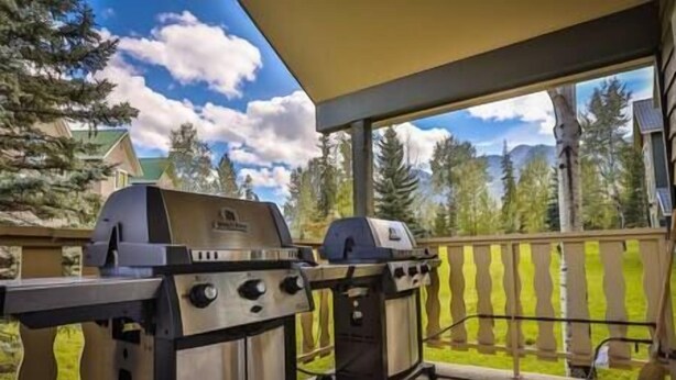 Un espace extérieur abrité équipé de deux barbecues.