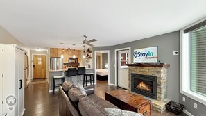 Flat-screen TV, fireplace