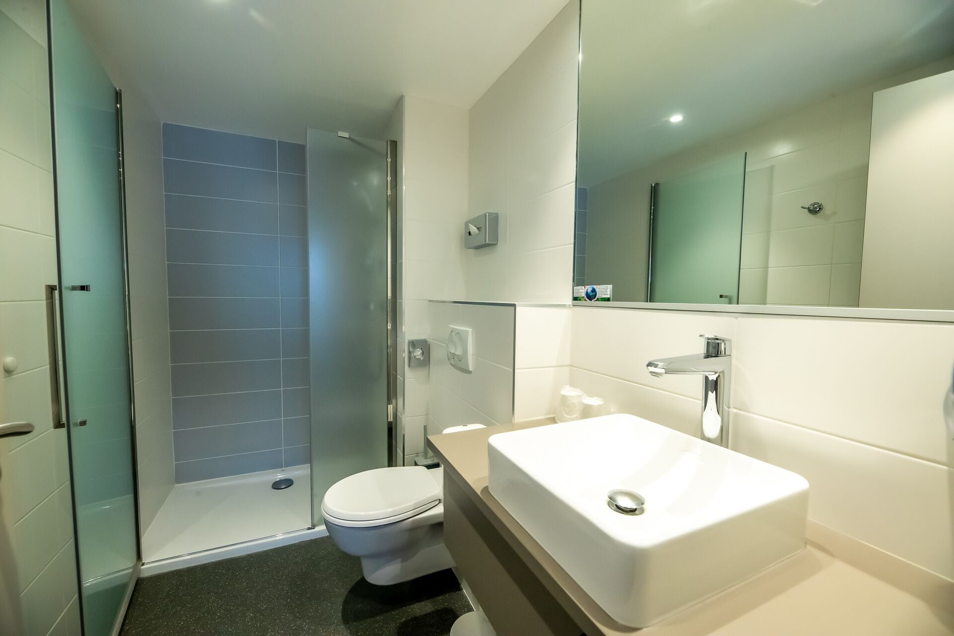 A modern bathroom with a glass shower enclosure, a toilet, and a white sink with a mirror above it.
