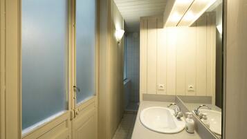 Bathtub, hair dryer, towels, toilet paper