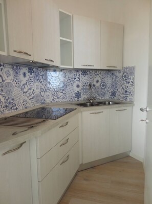 Fridge, microwave, stovetop, cookware/dishes/utensils