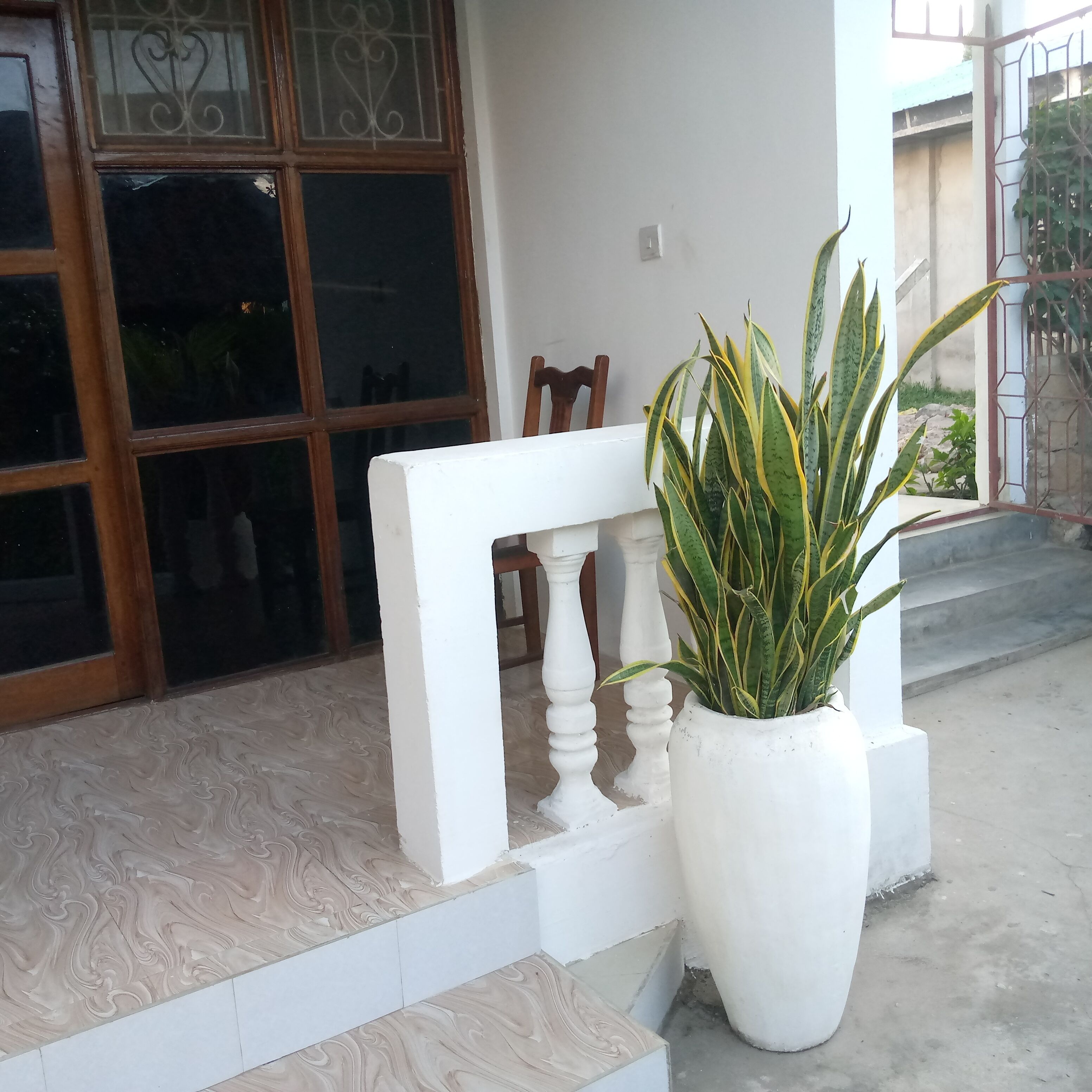 A white bench with a potted plant beside it, a wooden chair, and a window with decorative bars.