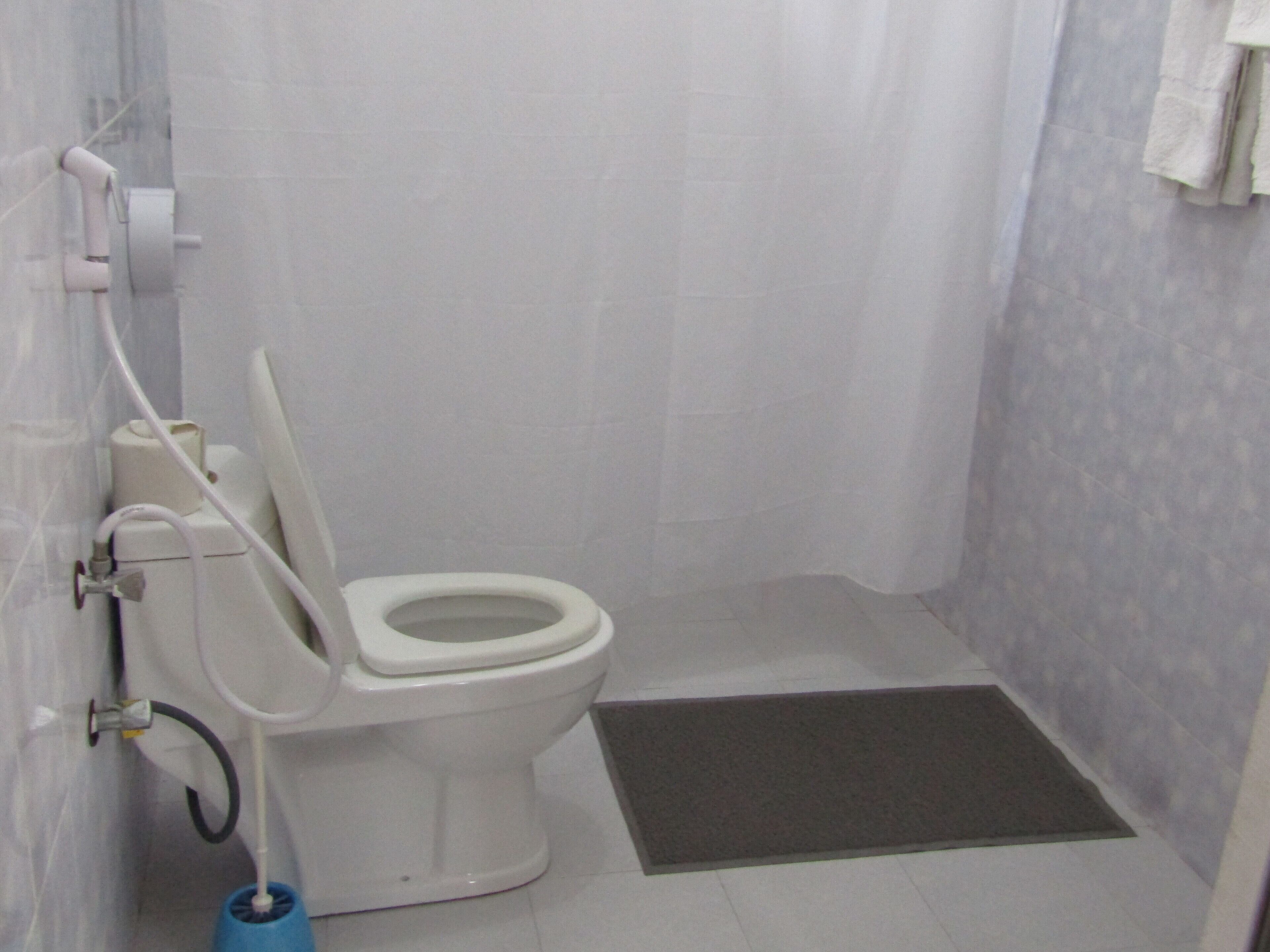 Ein Badezimmer mit Toilette, Bidet, Handtuchhalter und Duschvorhang.