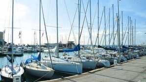 Un port de plaisance où de nombreux voiliers sont amarrés côte à côte.