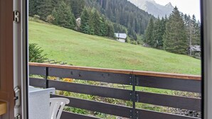 Vista da un balcone con ringhiera in legno, su una zona erbosa con alberi e una montagna sullo sfondo.