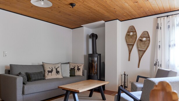 A modern living room with a grey sofa, a wooden coffee table, a black fireplace, and a grey armchair. - 5304 Diane "304" (Gargellen)