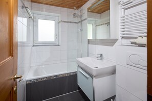 Bathtub, hair dryer, toilet paper
