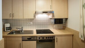 A compact kitchen with a built-in stove, microwave, and dishwasher.