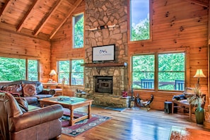 TV, fireplace, books
