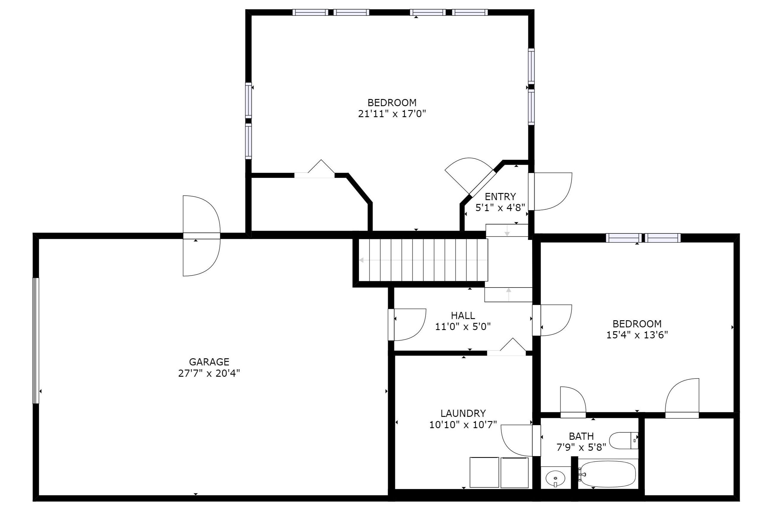 A floor plan with a 21'11" x 17'0" bedroom, 27'7" x 20'4" garage, 11'0" x 5'0" hall, 10'10" x 7'7" laundry, 7'9" x 5'8" bath, and a 15'4" x 13'6" bedroom.