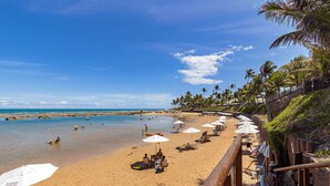 Une plage avec des parasols, des chaises et des gens.