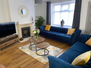 智能电视、壁炉、书、音乐库