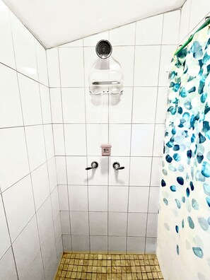 Shower, hair dryer, towels, toilet paper
