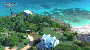 Vista aerea di Buttonwood Cottage circondata da vegetazione lussureggiante e un mare cristallino.
