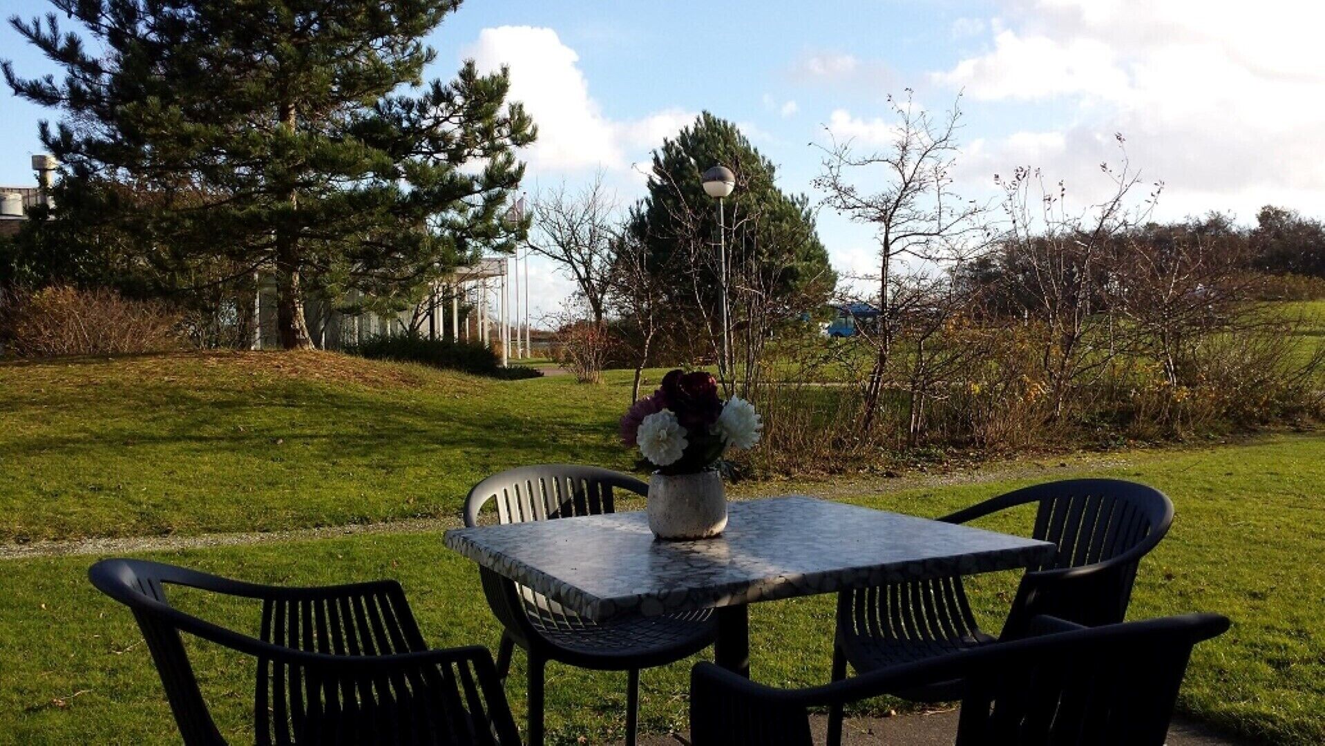 An outdoor table with four chairs, a vase with flowers, and a lamp post in a grassy area with trees and a building in the background.