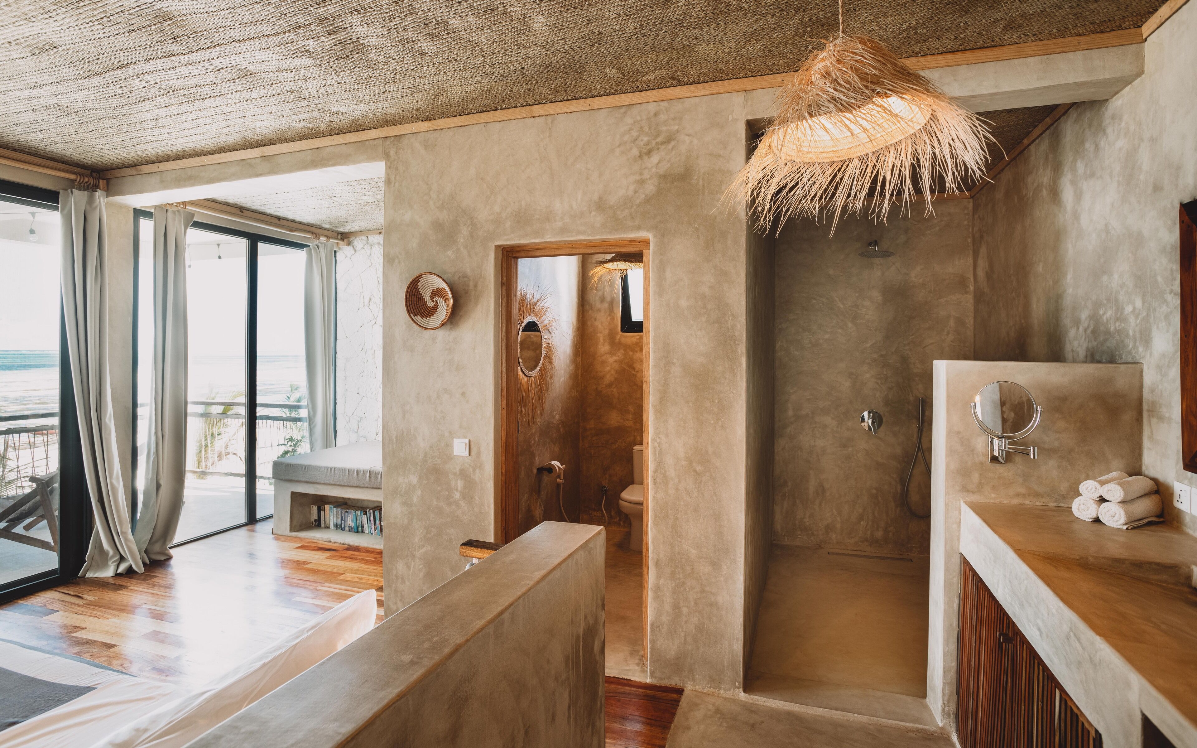 superior king room | bathroom | shower, rainfall showerhead, hair dryer, bathrobes