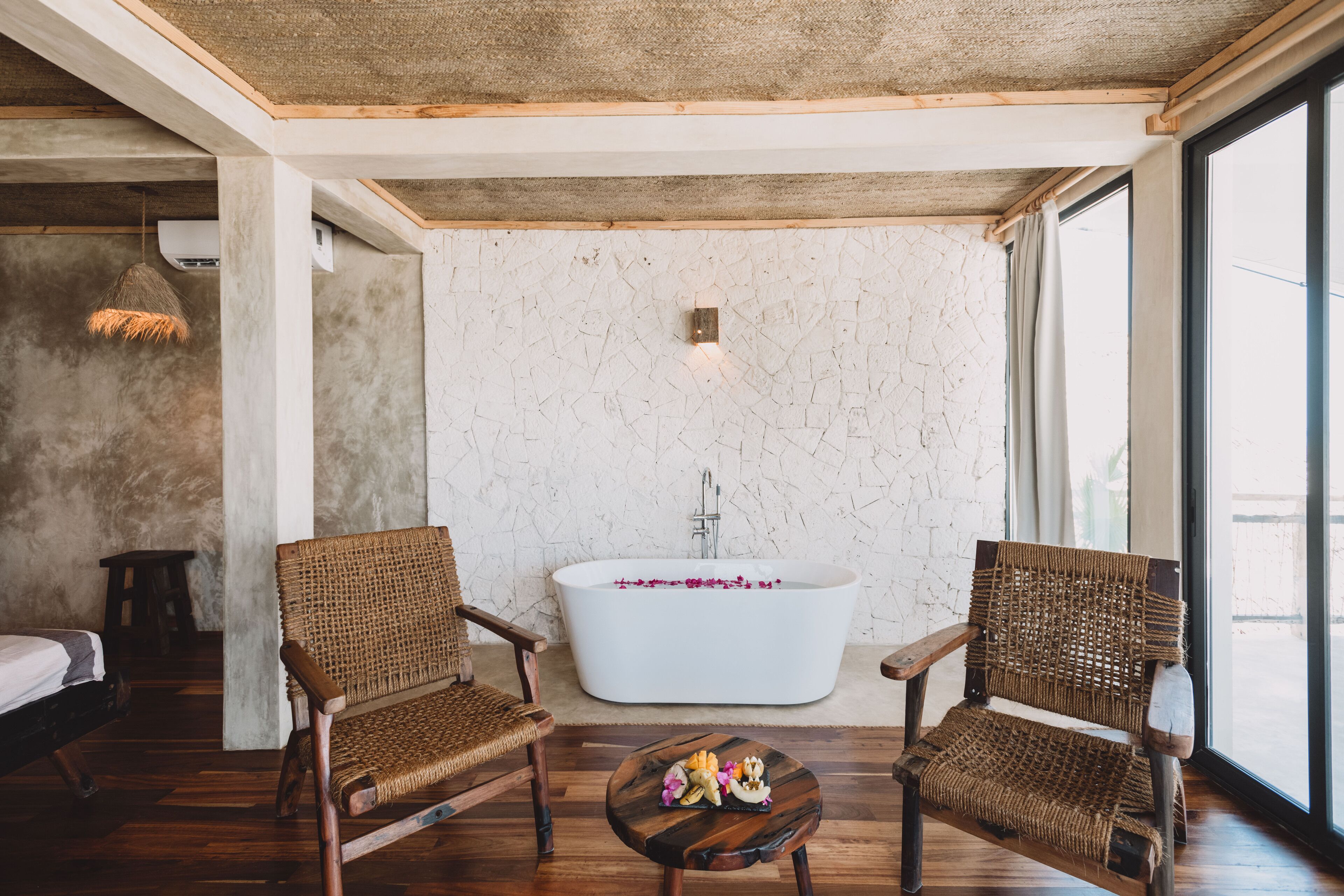 deluxe double room | bathroom | shower, rainfall showerhead, hair dryer, bathrobes