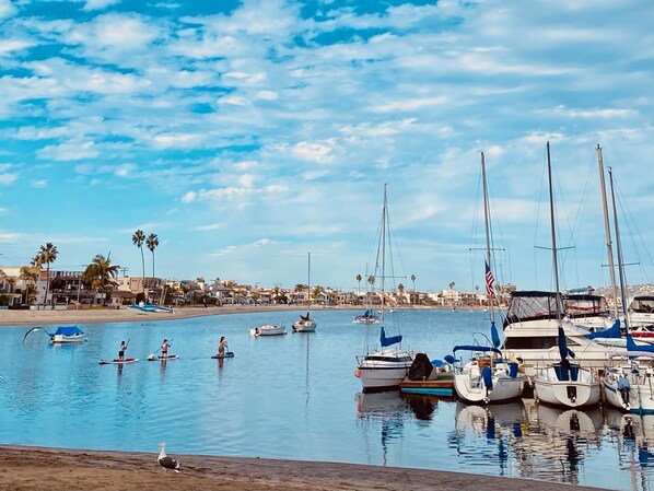 Guests can enjoy water activities like paddleboarding and kayaking from this marina, adjacent to a scenic beach.