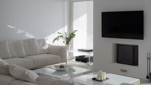 Een moderne woonkamer met een bank, een salontafel, een flatscreen televisie en een potplant.