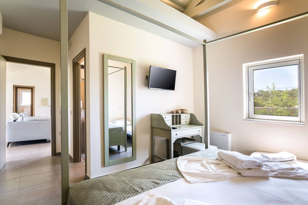 Una habitación de hotel moderna con una cama, un escritorio con televisor de pantalla plana, un espejo grande y una ventana con vista a zonas verdes.