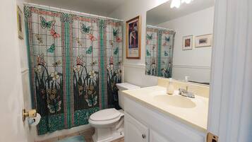 Bañera con ducha, secador de pelo, toallas, shampoo