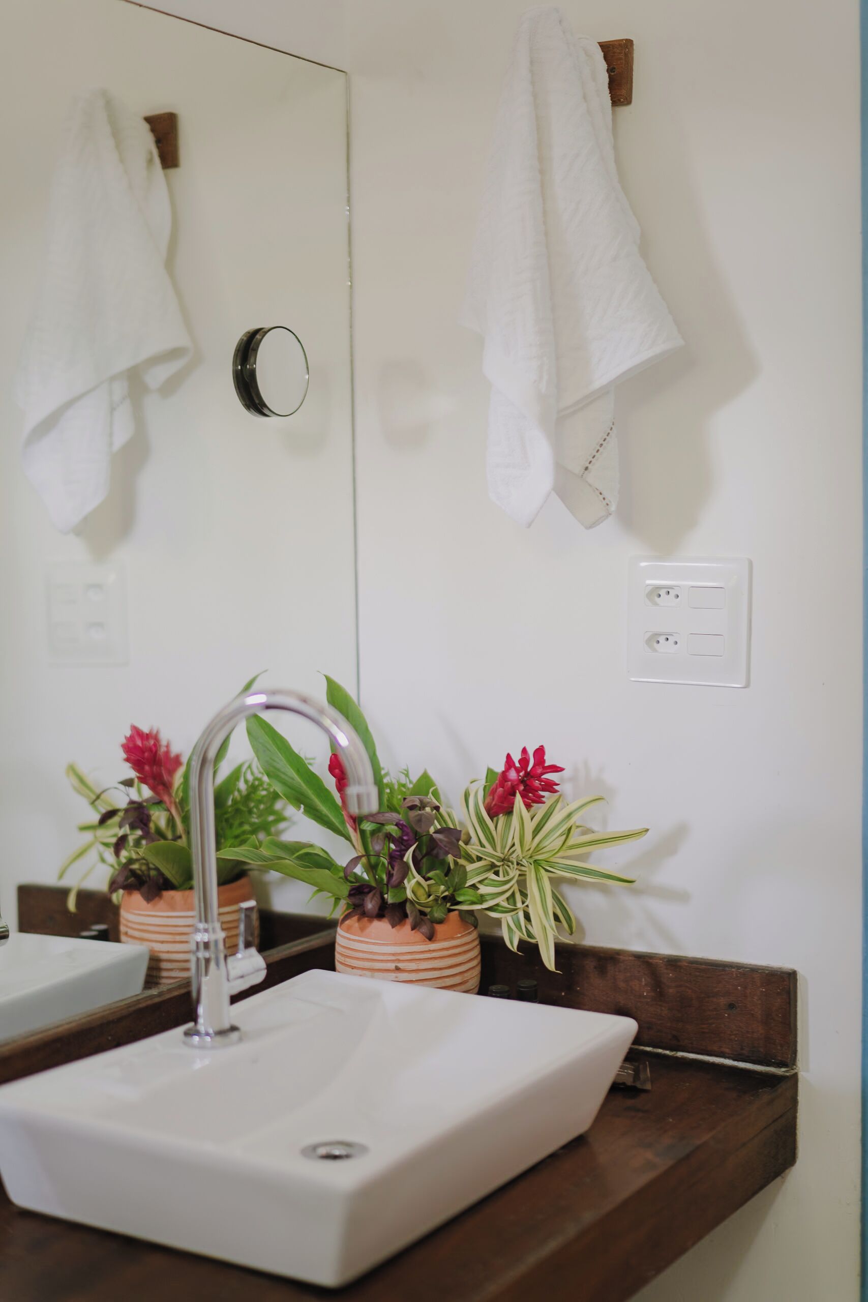 A bathroom with a white sink, a mirror, and two potted plants with red flowers.