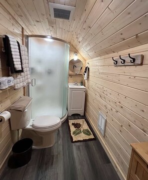 Shower, hair dryer, towels, shampoo