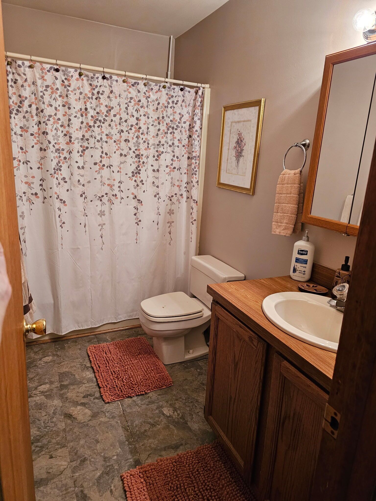 Een badkamer met toilet, wastafel, spiegel, douchegordijn en een ingelijste foto aan de muur.