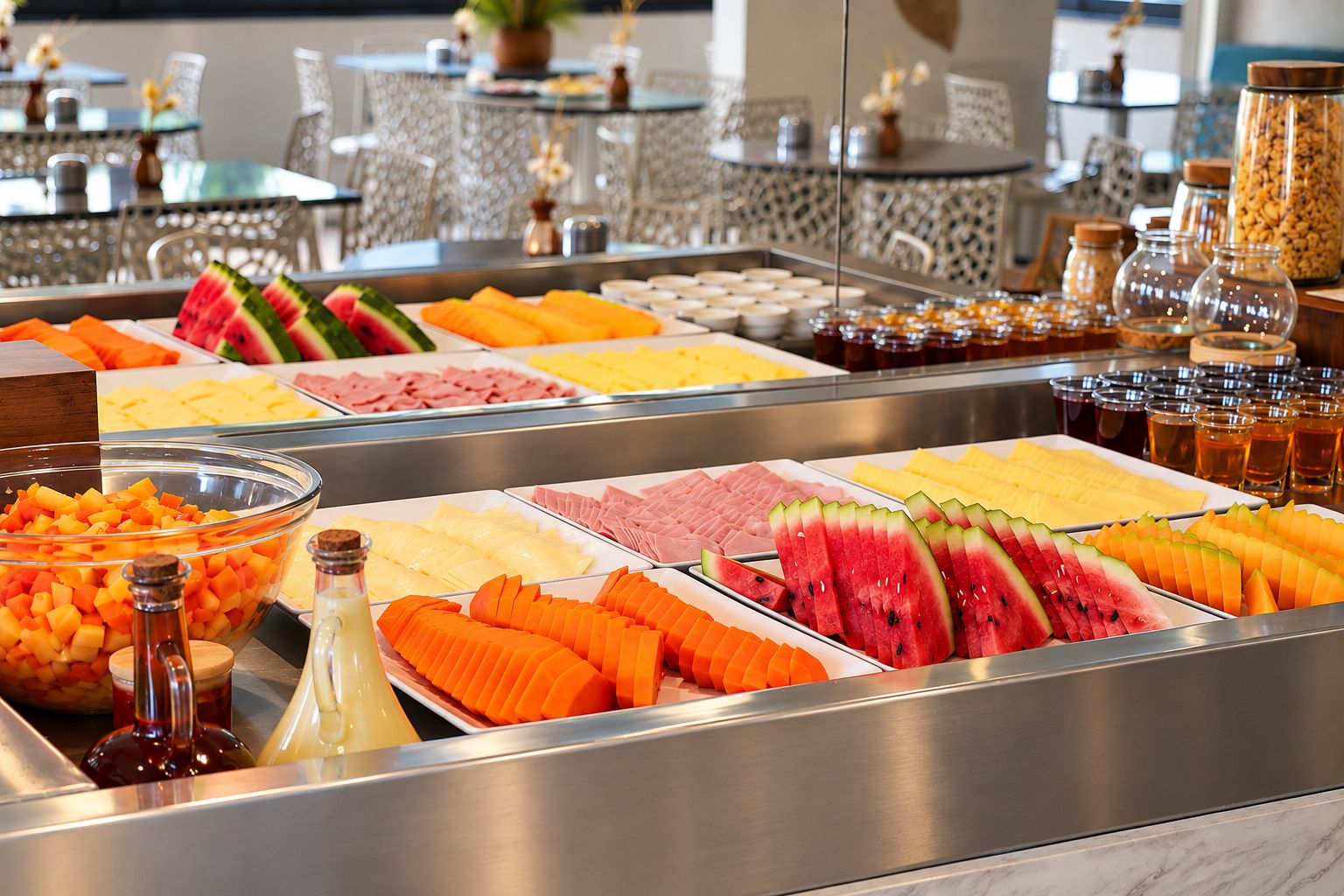 A buffet with various food items including fruits, cheeses, and meats.
