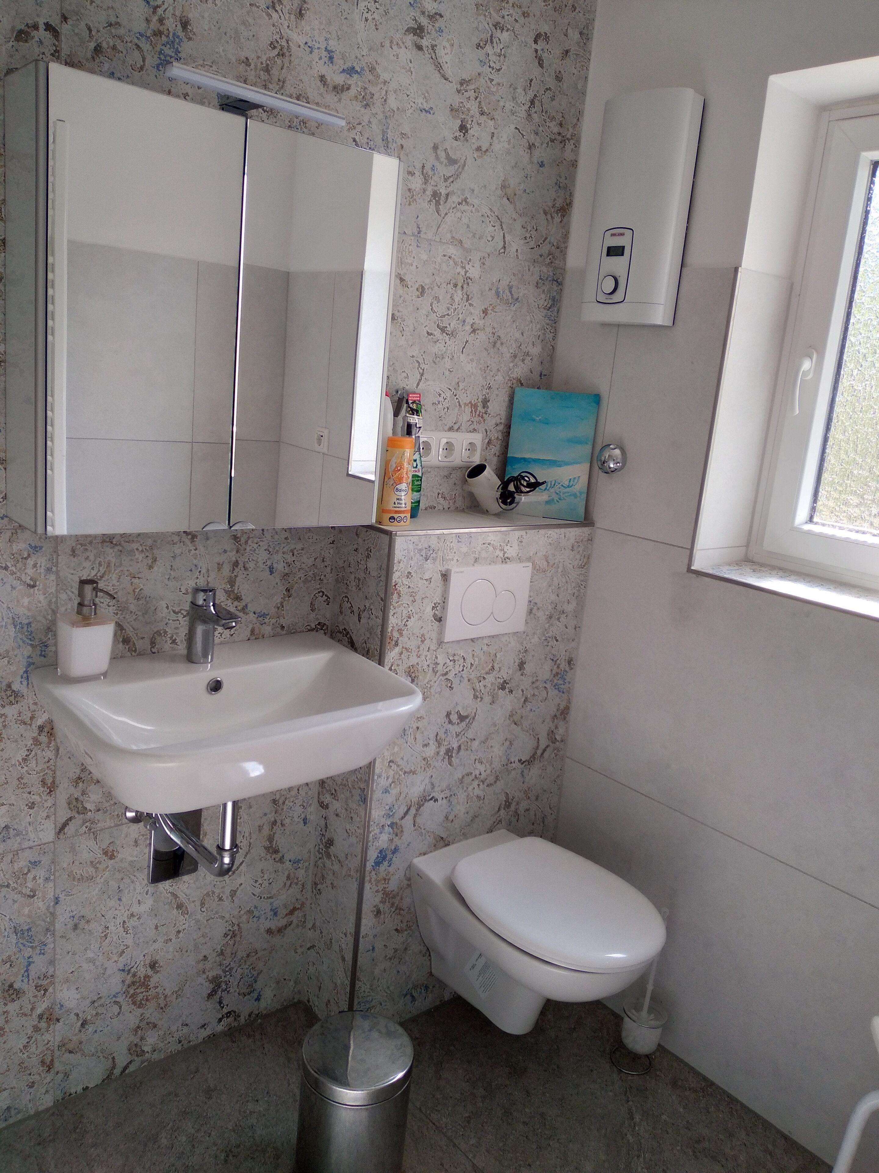 Hair dryer, towels, soap, toilet paper