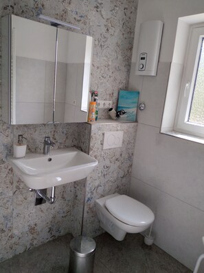 Secadora de cabello, toallas, jabón, papel de baño 