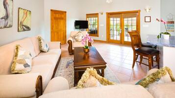 Room, 1 Queen Bed with Sofa bed, Private Pool, Garden View | Living room | TV