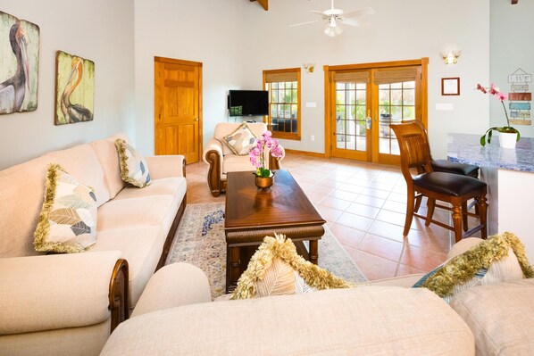 Habitación, 1 cama Queen size y sofá cama, alberca privada, vista al jardín | Sala de estar | Televisión 