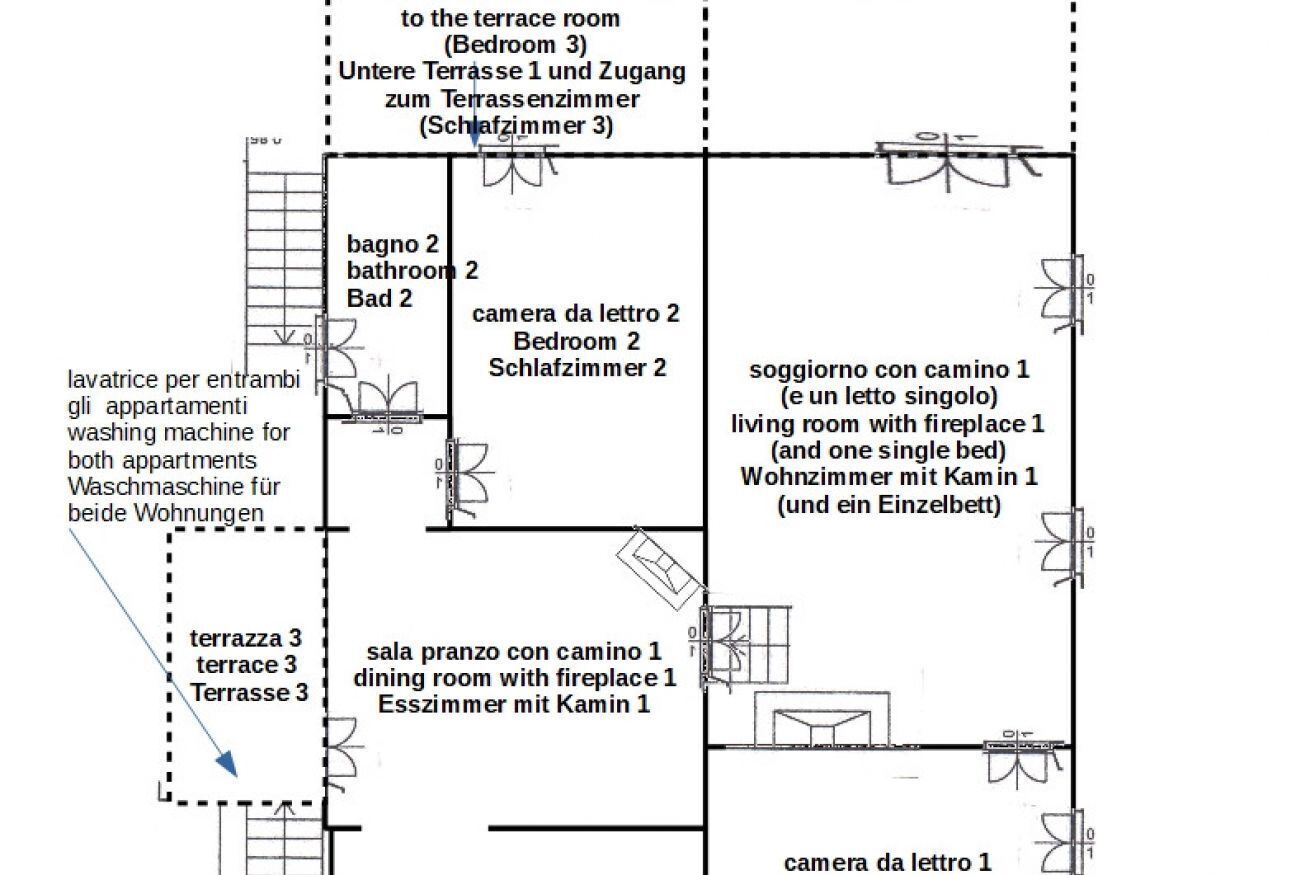 Een plattegrond van een hotel met verschillende kamers, waaronder een kamer met terras, een badkamer, een eetkamer met open haard en een woonkamer met een enkel bed.
