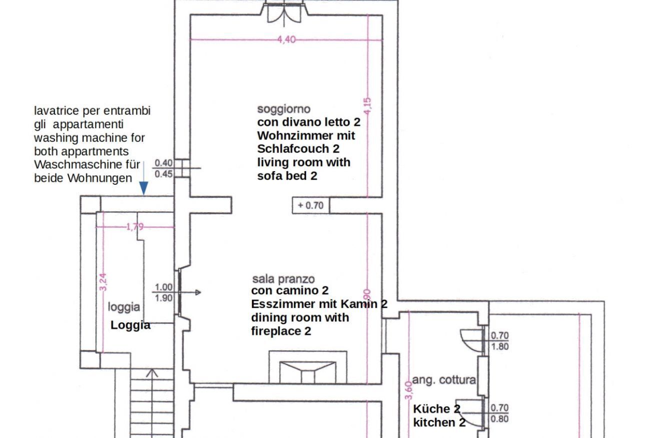 A floor plan of a hotel with a living room, dining room, kitchen, and loggia.