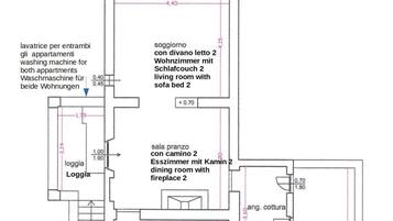 A floor plan of a hotel with a living room, dining room, kitchen, and loggia.