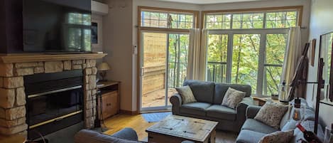 Smart TV, fireplace, video games, DVD player