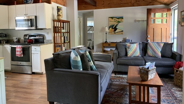 A spacious living area with a gray sofa, a wooden coffee table, and a patterned rug. A kitchen with white cabinets and a microwave is visible in the background.