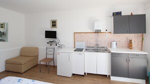 A compact room with a kitchenette, a small sofa, a chair, and a television. - ROSANNA Studio with Terrace (Rovinj)